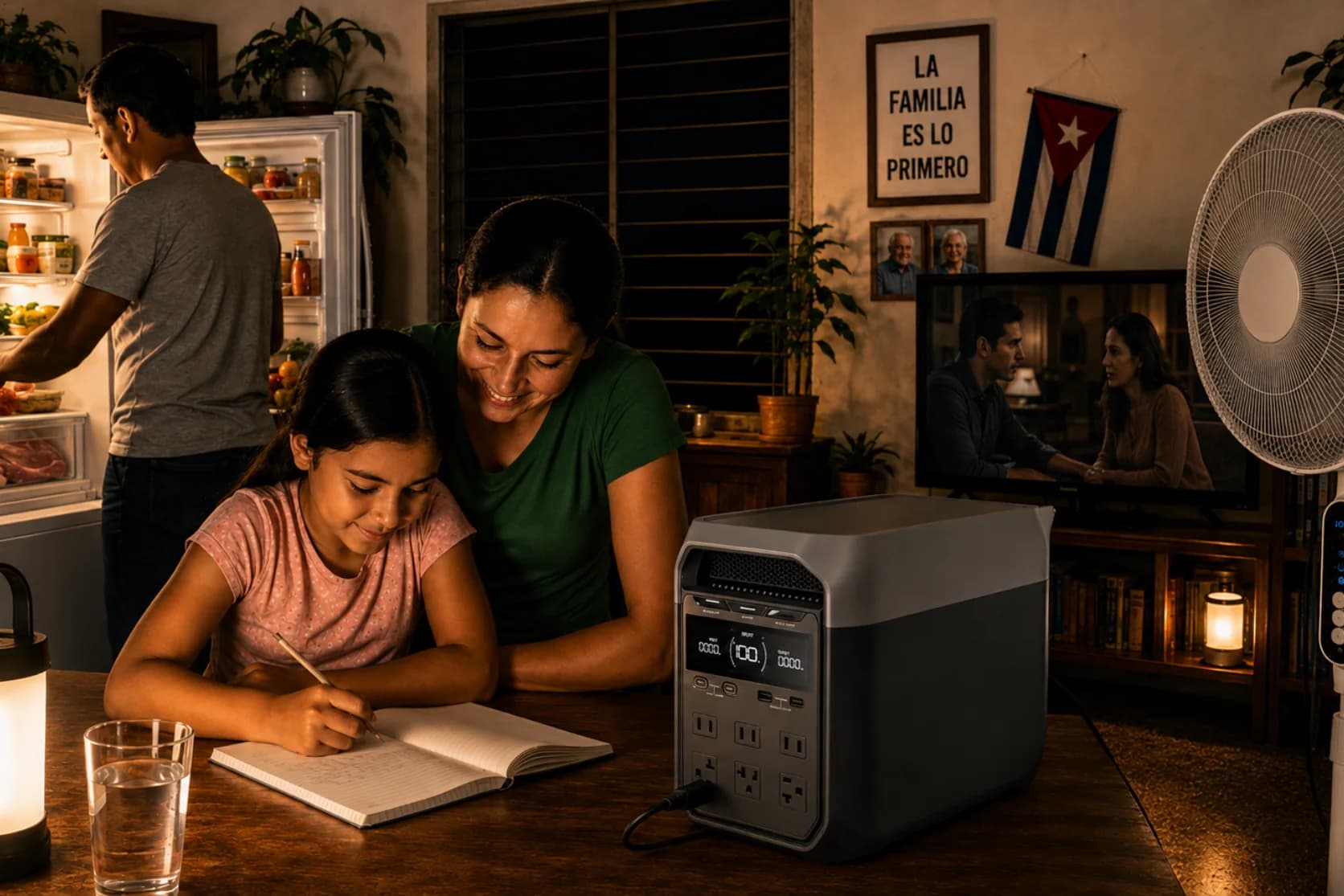 Una familia en casa: el padre organiza el refrigerador, la madre acompaña a su hija con la tarea, y una estación de energía portátil con un ventilador recargable mantienen la casa en marcha durante un apagón