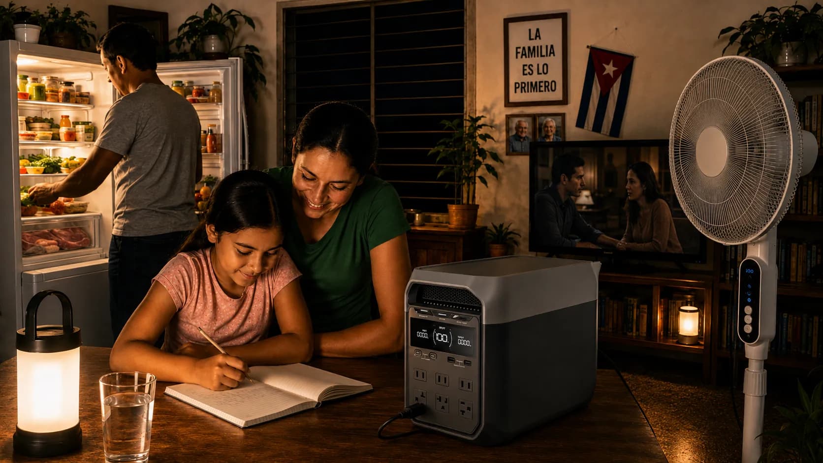 Una familia en casa con el refrigerador, la luz, el ventilador y el televisor funcionando durante un apagón gracias a una estación de energía portátil