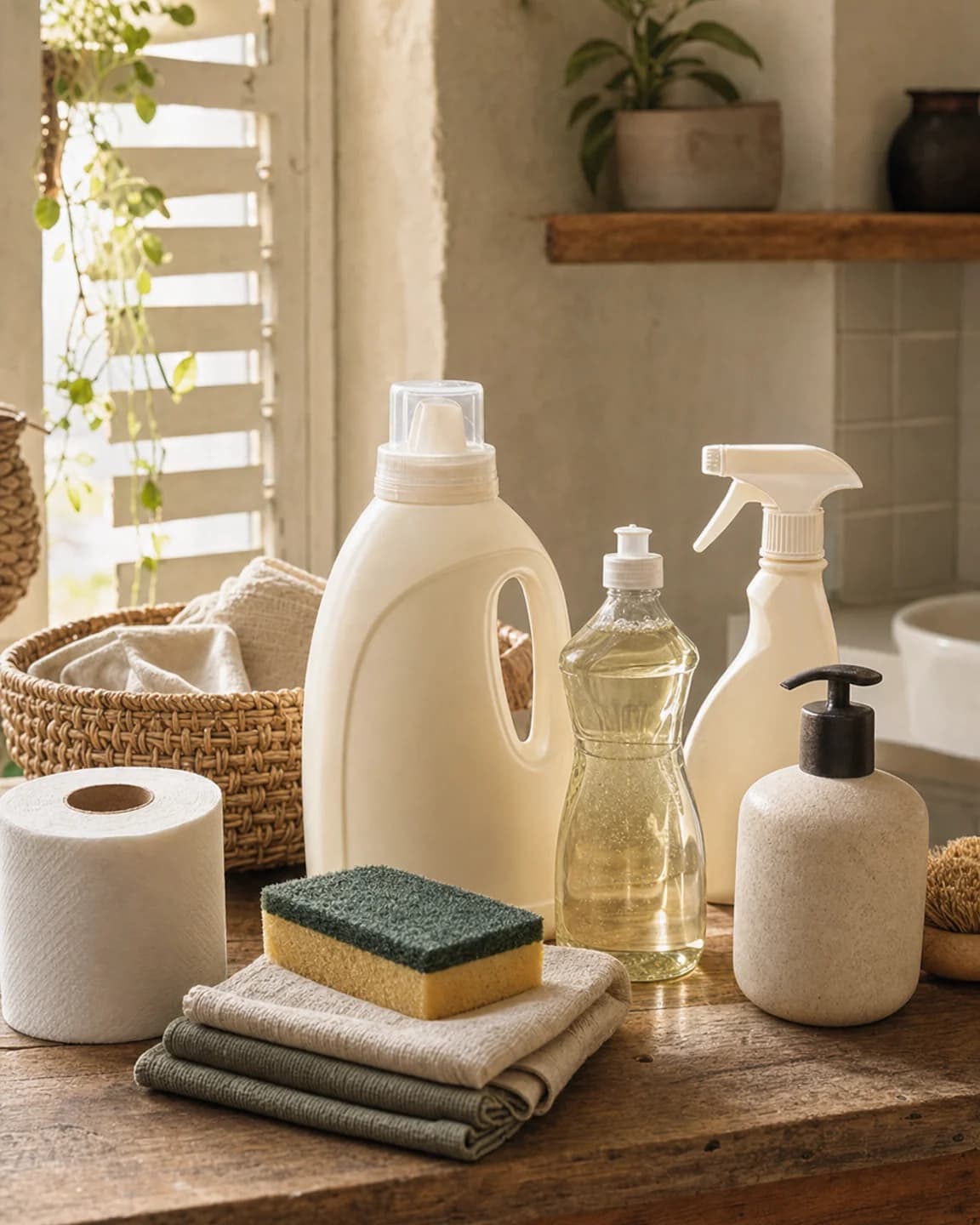 Detergente, jabón líquido, spray, papel higiénico y esponja sobre una encimera