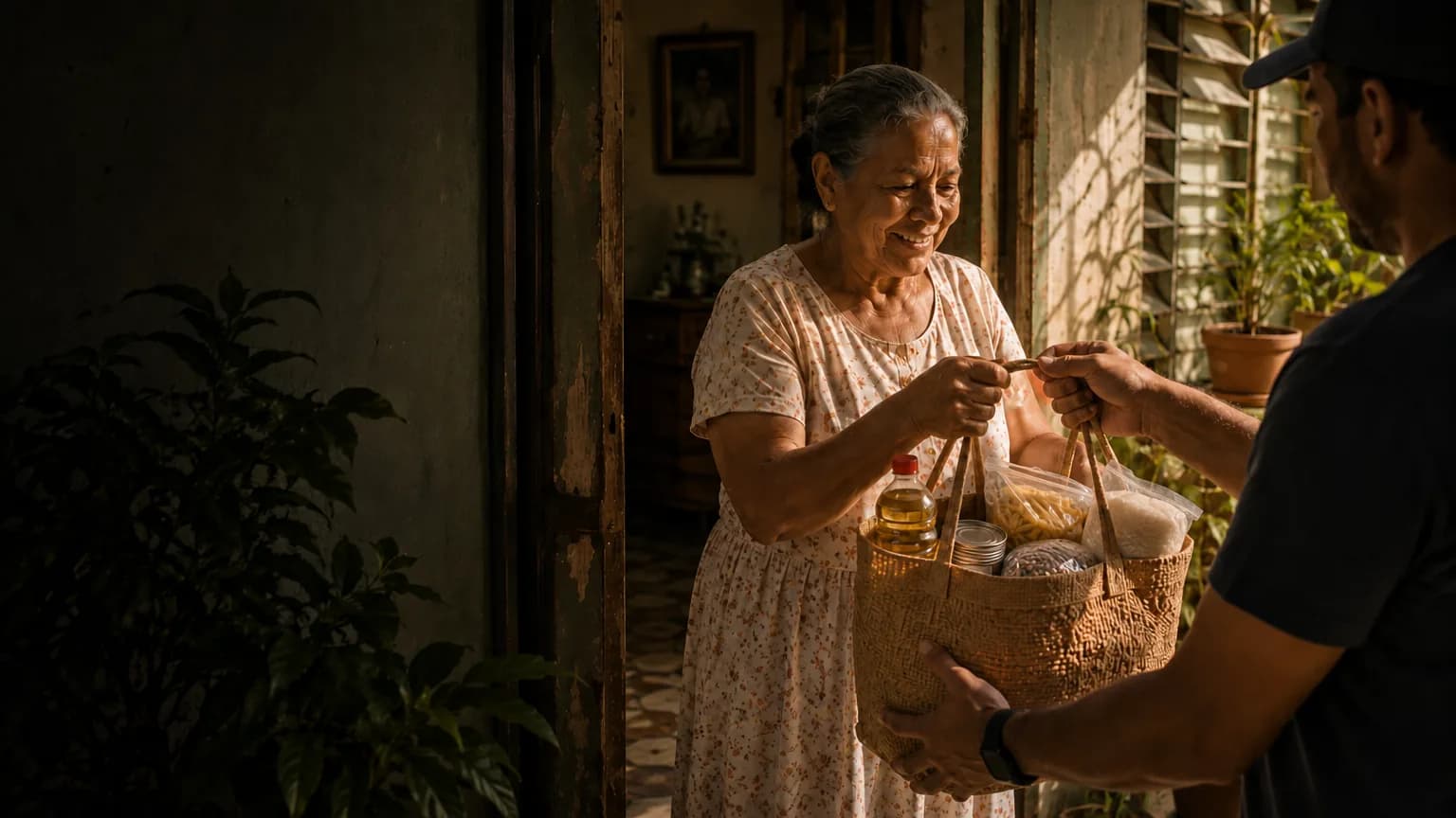 Entrega de alimentos y artículos para una familia en su hogar en Cuba
