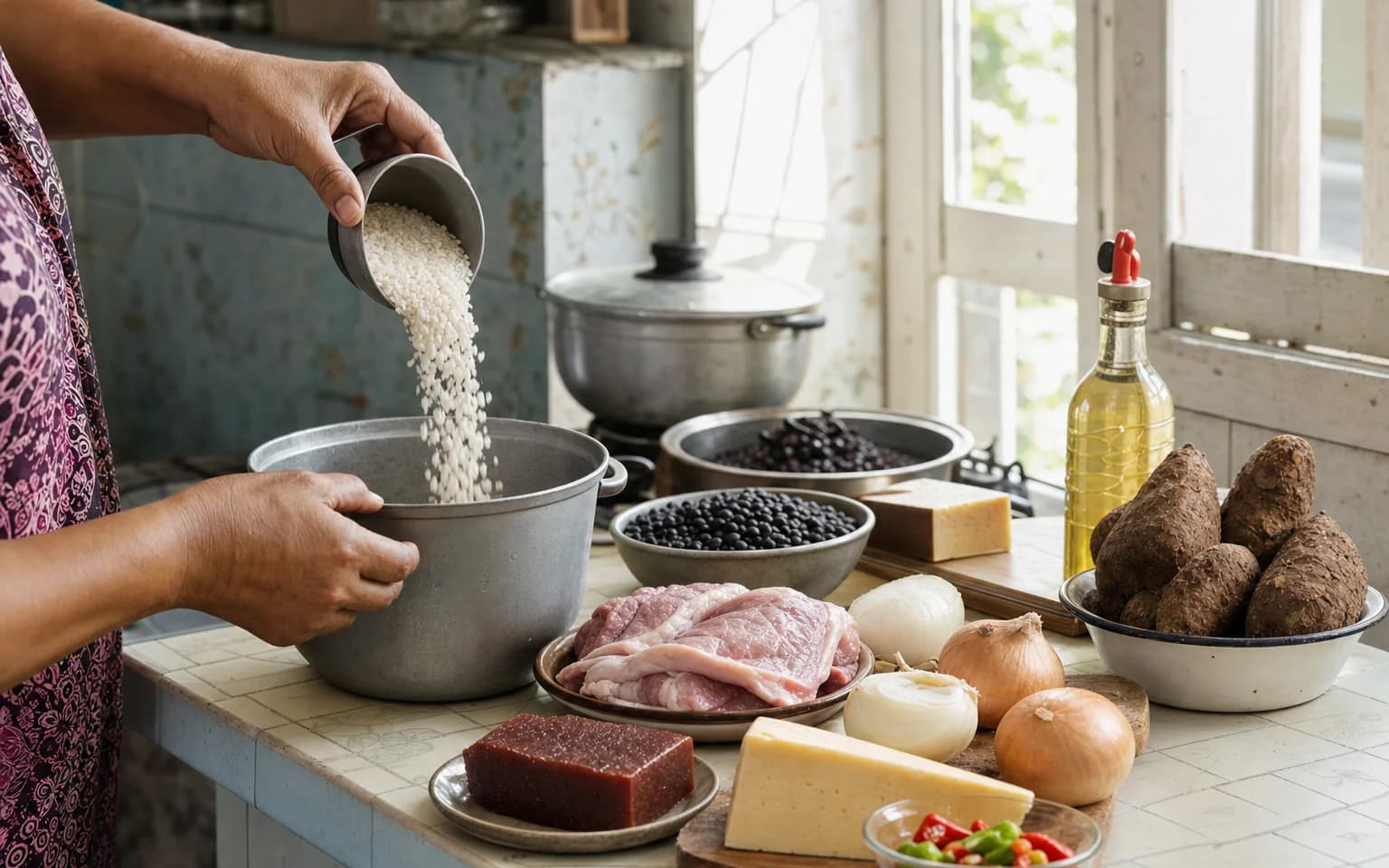 Una persona prepara arroz junto a alimentos cotidianos en una cocina cubana