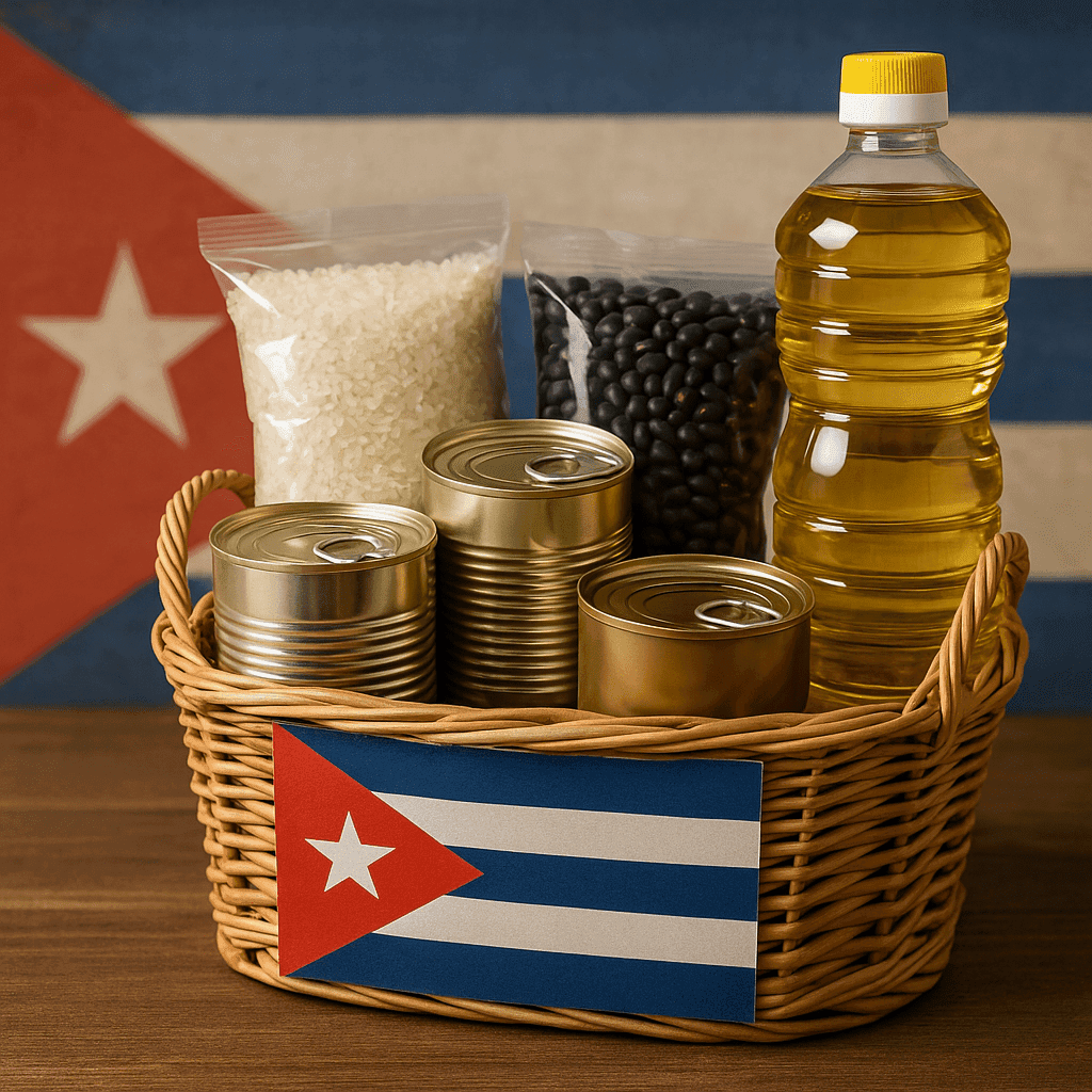 Cesta con arroz, granos, aceite y conservas del catálogo de mercado de La Jabalina