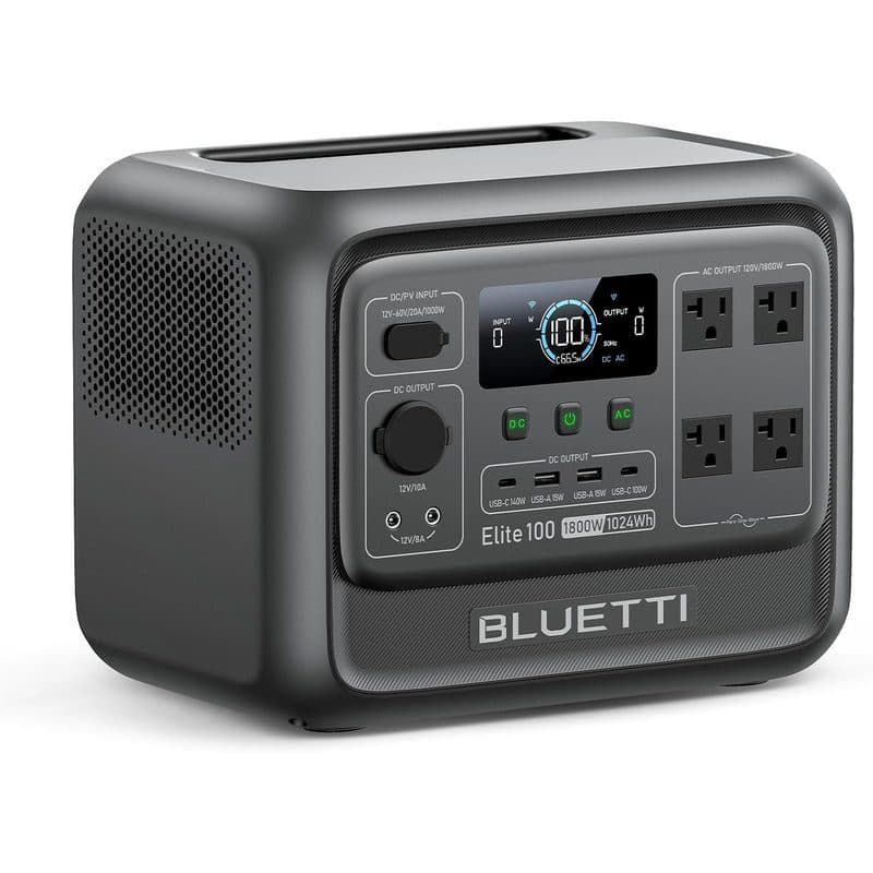 Estación de energía BLUETTI Elite 100 negra con pantalla, botones DC/AC y cuatro tomas de corriente