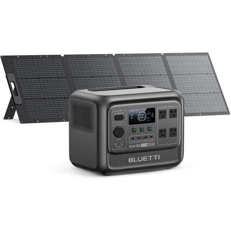 Estación BLUETTI Elite 100 con un panel solar portátil plegable de cuatro paneles