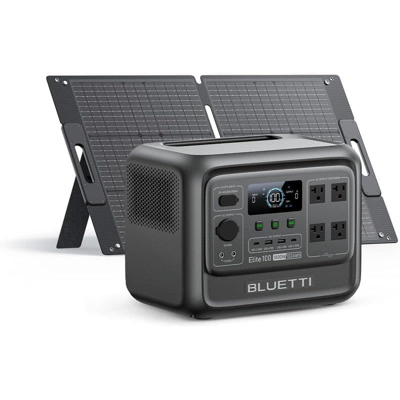 Estación BLUETTI Elite 100 junto a un panel solar plegable sobre fondo blanco