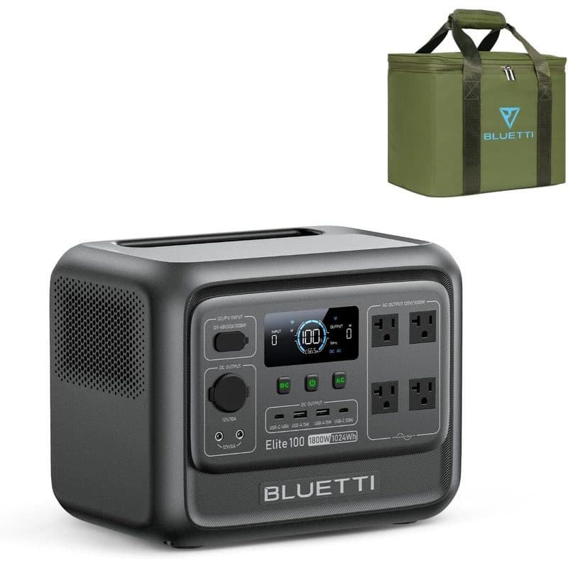 Estación BLUETTI Elite 100 junto a su bolsa de transporte verde de la marca