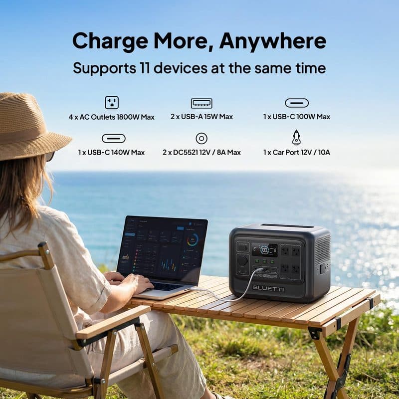 Persona usando una laptop junto a la estación BLUETTI Elite 100 conectada por USB-C en la playa