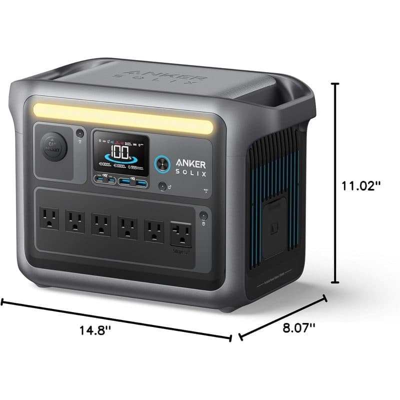 Estación de energía Anker SOLIX C1000 con sus medidas: 14.8 por 11.02 por 8.07 pulgadas
