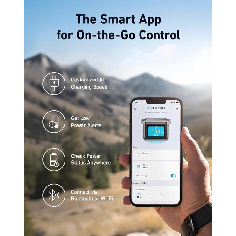 Aplicación móvil Anker SOLIX mostrando el porcentaje de carga, la potencia de entrada y salida, y el control por Bluetooth o Wi-Fi