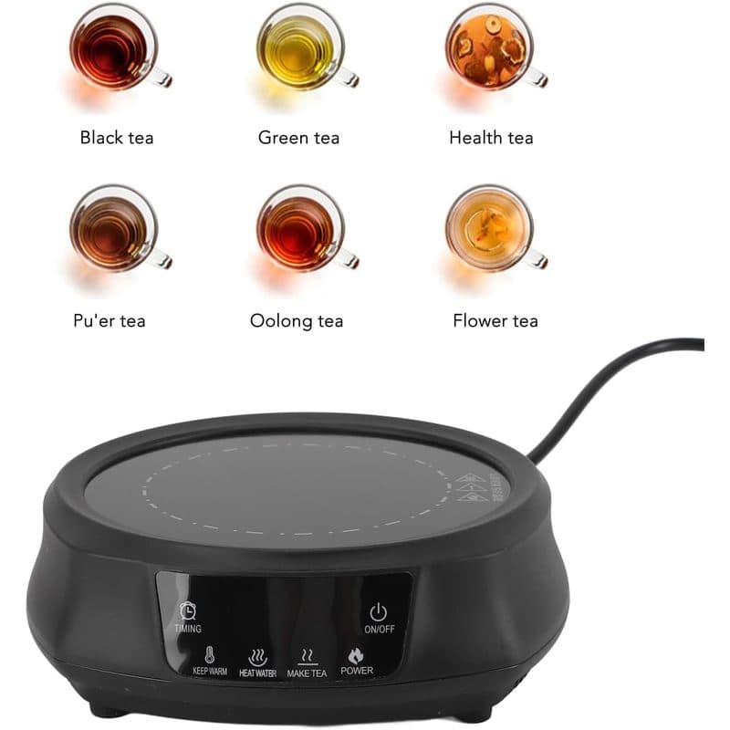 Seis tazas de distintos tés de ejemplo: negro, verde, saludable, pu'er, oolong y de flores
