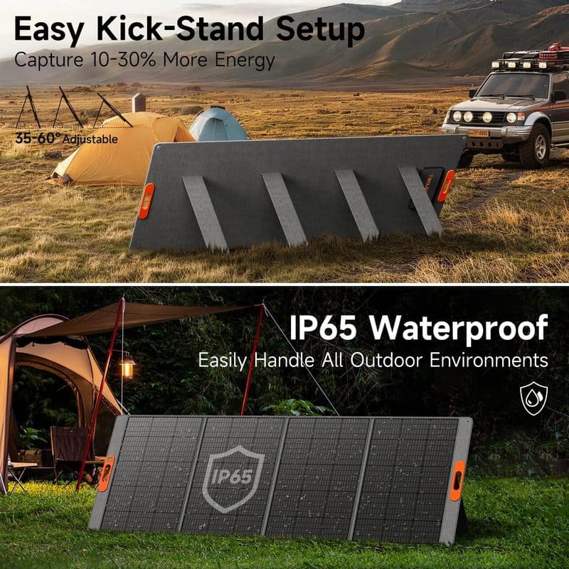 Panel solar TWELSEAVAN apoyado en su soporte ajustable junto a carpas de camping, con detalle del indicador de ángulo solar