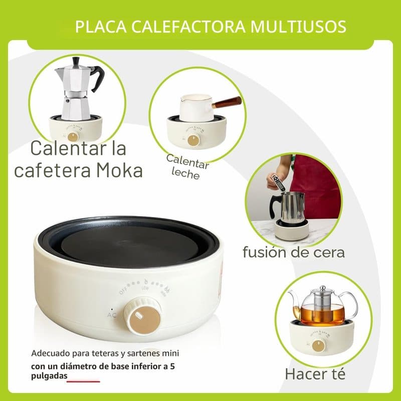 Iconos de usos de la placa eléctrica: calentar cafetera moka, calentar leche, fundir cera y hacer té