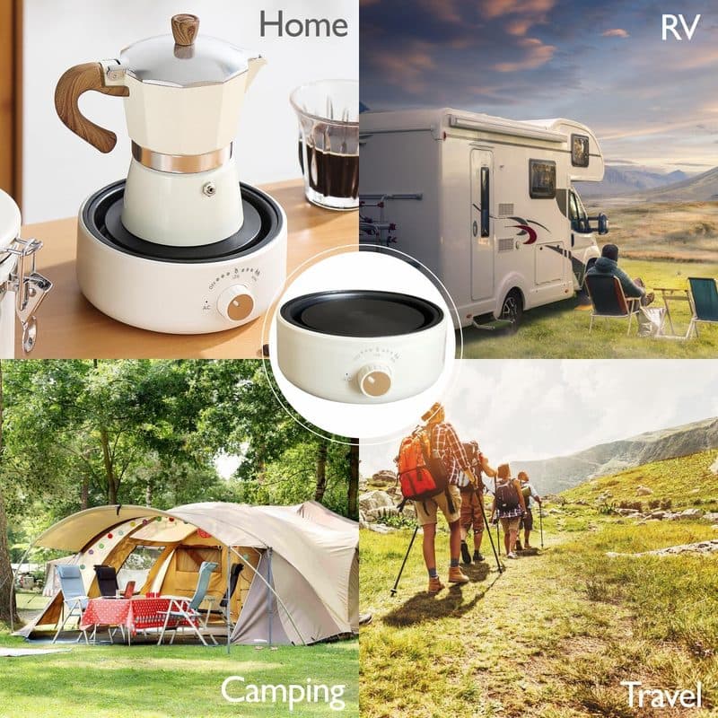 Collage de la placa eléctrica en escenas de casa, caravana, campamento y viaje