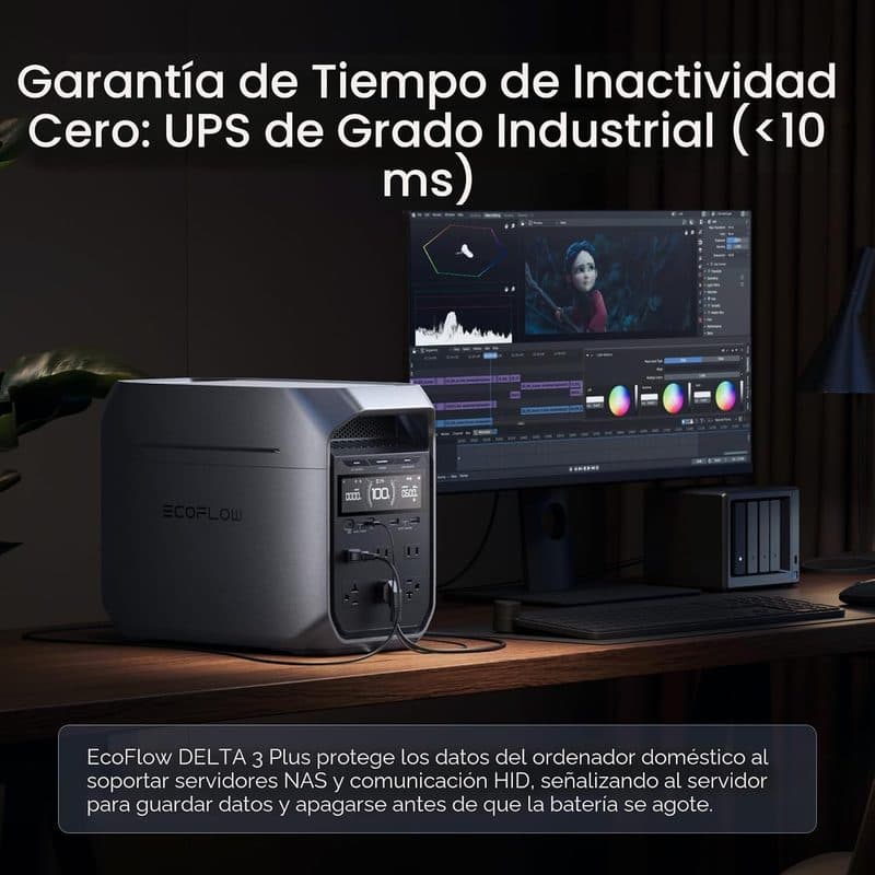 EcoFlow DELTA 3 Plus conectada a un equipo de trabajo en una escena de respaldo