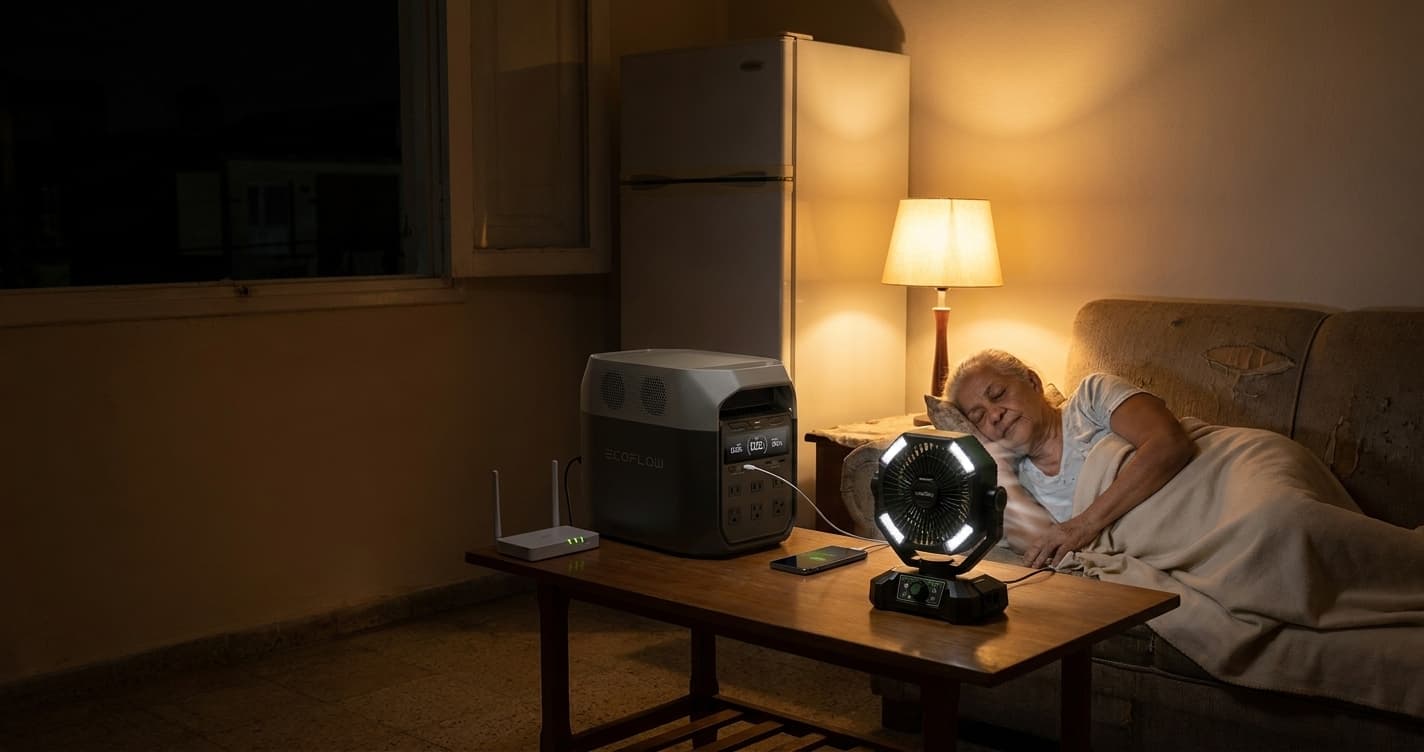 Estación de energía portátil ayudando a una familia en Cuba durante un apagón