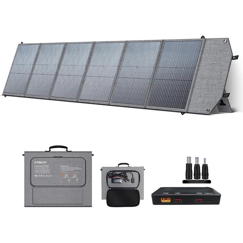 Panel solar plegable CTOLITY de 200W desplegado con sus seis paneles y maletín de transporte