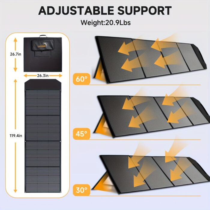 LVYUAN Panel Solar Plegable 120W / 300W – Monocristalino, Ultraligero, con Soporte Ajustable, Cargador Solar Portátil para Generadores, Camping y Apagones - Imagen 5