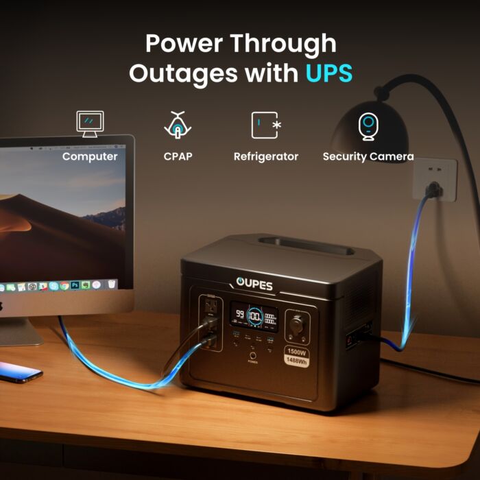 OUPES Exodus 1500 – Generador Solar Portátil 1500W (3600W Pico), 1488Wh con Batería LiFePO4, Recarga Solar para Apagones y Camping - Imagen 8