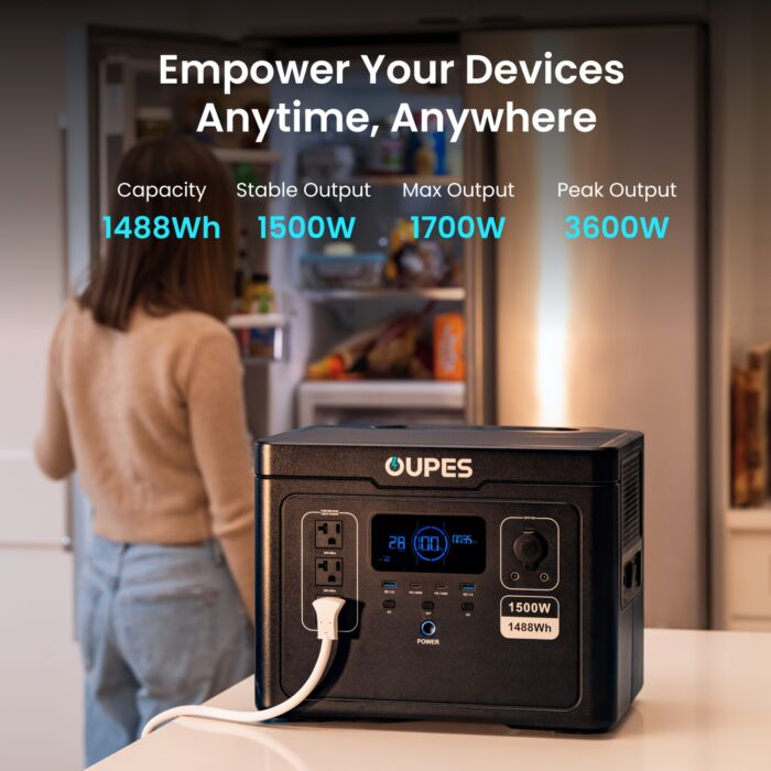 OUPES Exodus 1500 – Generador Solar Portátil 1500W (3600W Pico), 1488Wh con Batería LiFePO4, Recarga Solar para Apagones y Camping - Imagen 4