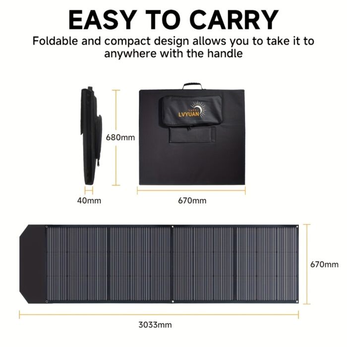 LVYUAN Panel Solar Plegable 120W / 300W – Monocristalino, Ultraligero, con Soporte Ajustable, Cargador Solar Portátil para Generadores, Camping y Apagones - Imagen 2